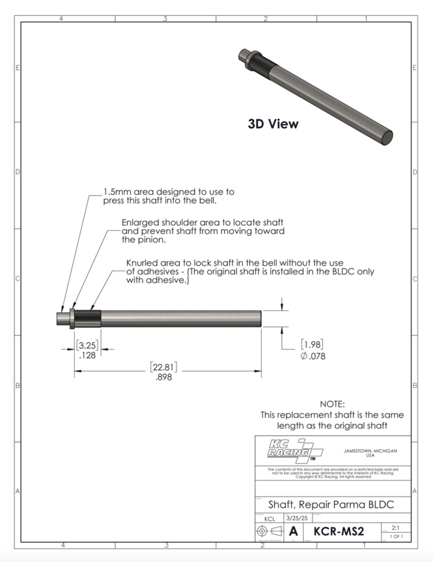 KC RACING 2MM BLDC SHAFT UPGRADE (EACH)